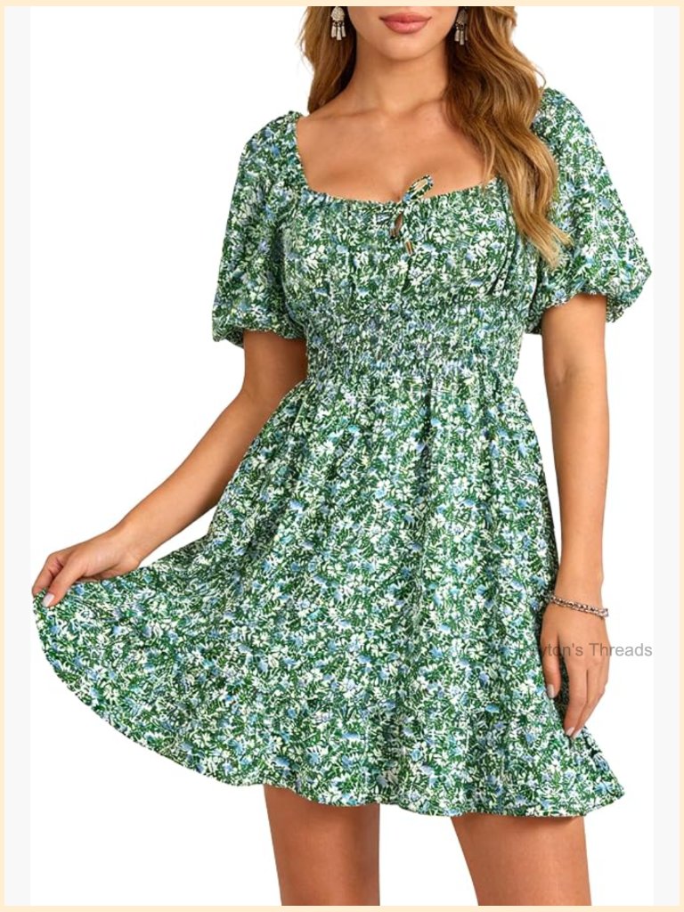 Boho Square Neck Puff Sleeve Self Tie Front A-Line Dress With Pockets